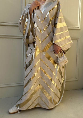 linen and gold striped kaftan